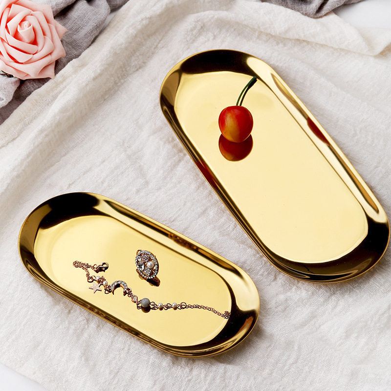 Nordic Ins Oval Tray Stainless Steel Golden Oval Tray Jewelry Dim Sum Tray Metal Home Storage Tray