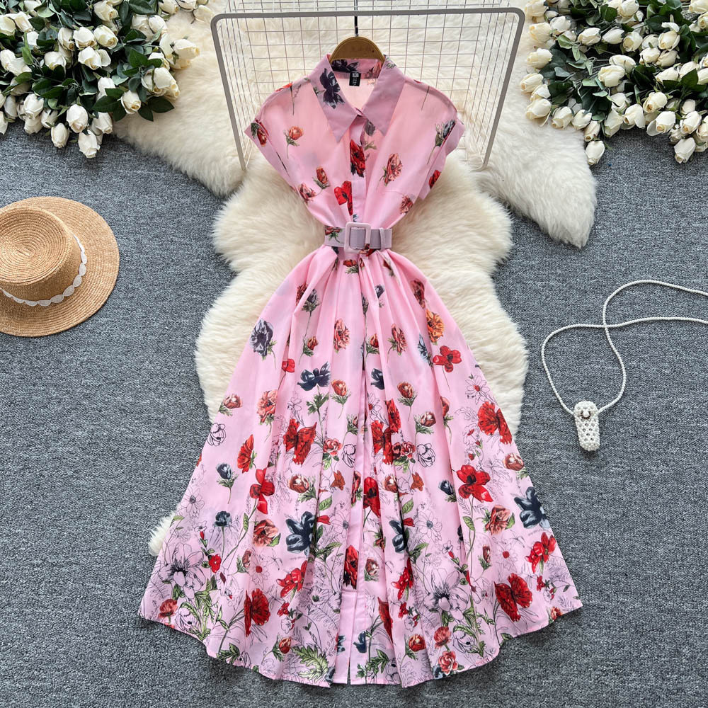 French Style Short Sleeve Polo Dress Waist Defining Flattering A Line Floral Print Summer Elegance for Casual