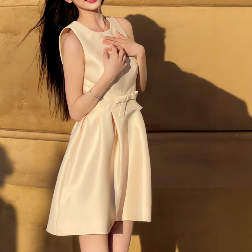 Đầm suông nữ midi cổ tròn không tay, eo cao, phong cách Pháp — Trường An chi tiết 2
