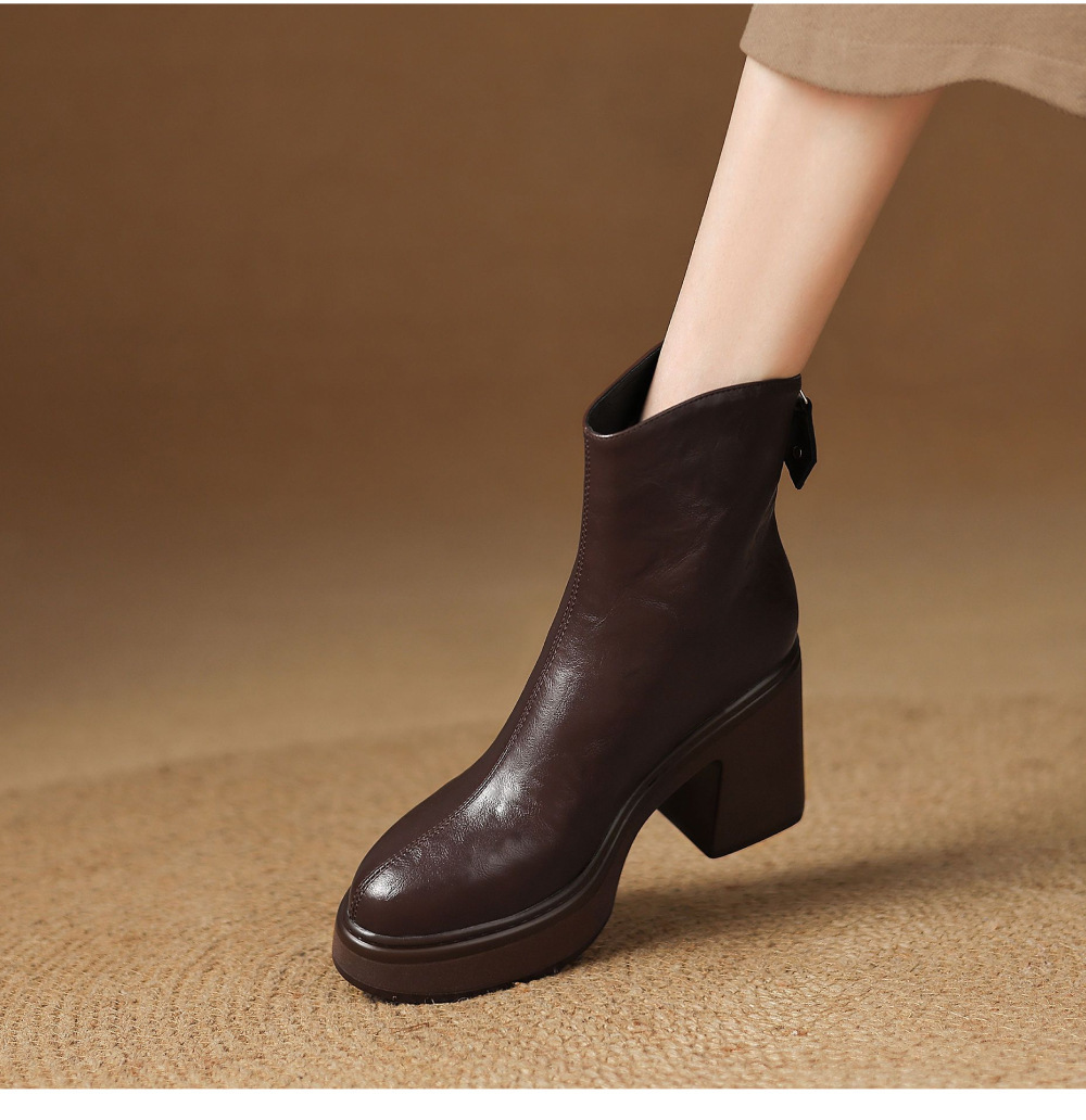 Boot nữ da bò gót thô 9,5cm cổ ngắn khóa kéo sau — Lớp lót đơn màu đen, Lớp lót đơn màu nâu đậm, Lót nhung đen, Lót nhung màu nâu đậm