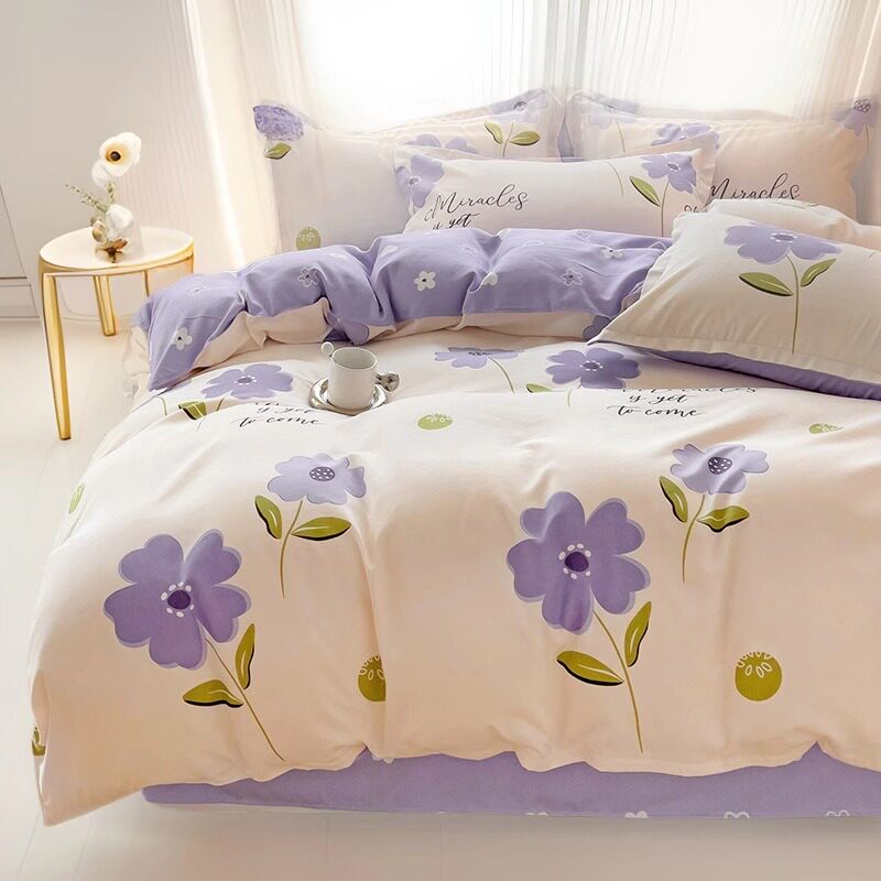 Small Fresh Thickeneded Brushed Four-Piece Dormitory Skin-Friendly Bed Bed Sheets Quilt Cover Washed Cotton Quilt Cover Three-Piece Bedding Set