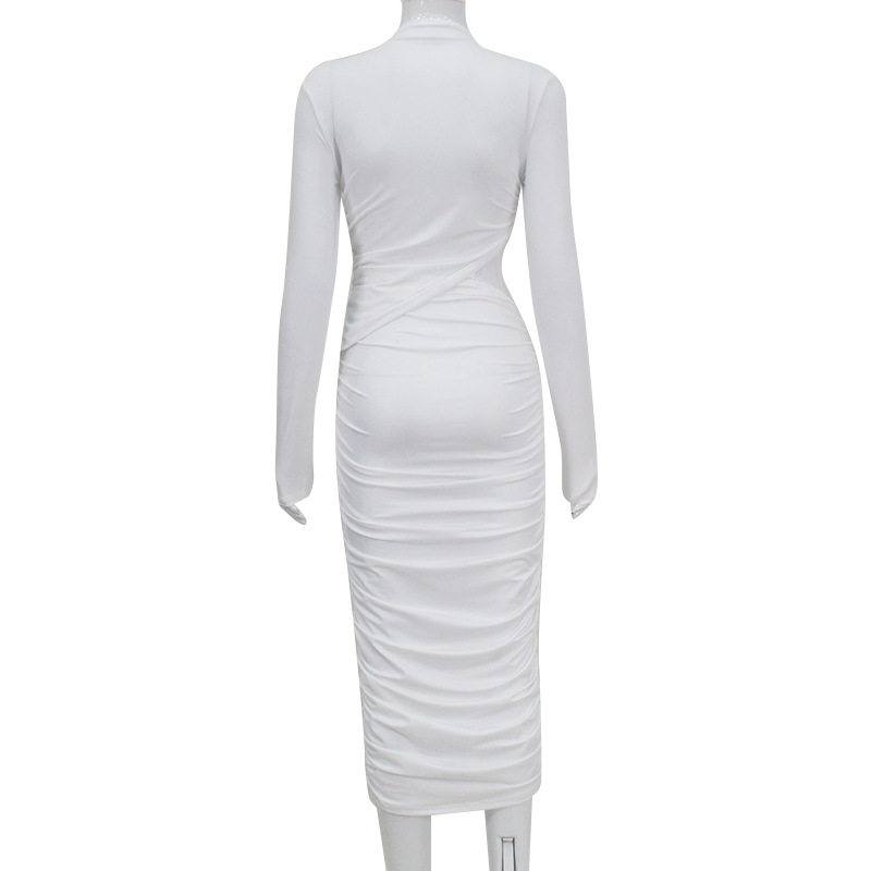 Elegant Bodycon Dress Long Sleeve Hollow Out Ruffled Design Solid Color Spring Fall Occasion Wholesale Available