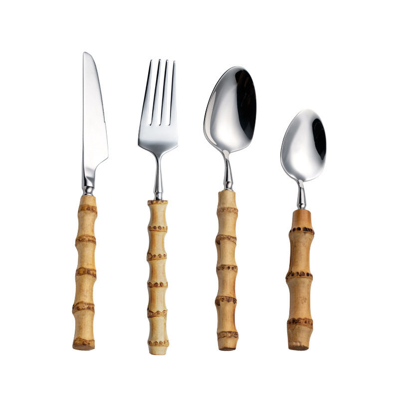 Cross-border stainless steel creative natural bamboo handle knife, fork and spoon vintage steak knife, fork and spoon Four-Piece Gift Set suit wholesale