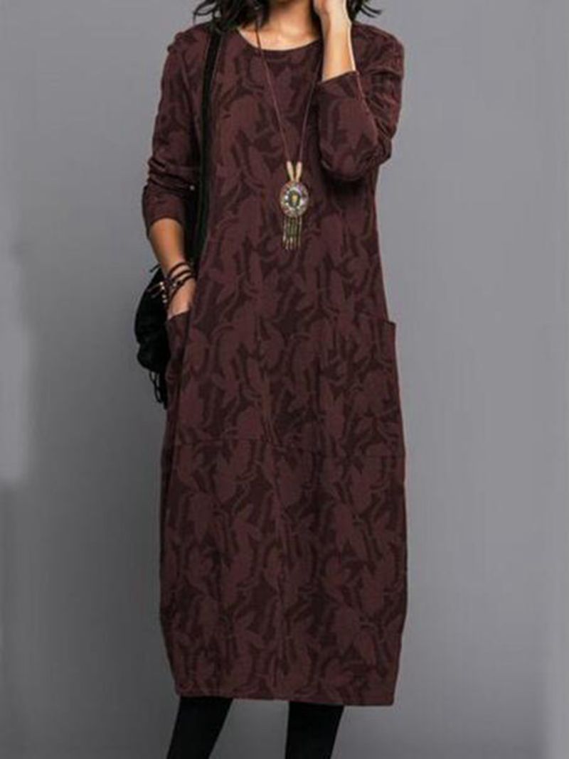 Casual Long Sleeve Pocket Dress for Women Cotton Linen Round Neck Available in Black Green Blue Red Wholesale Sizes S to XXXL