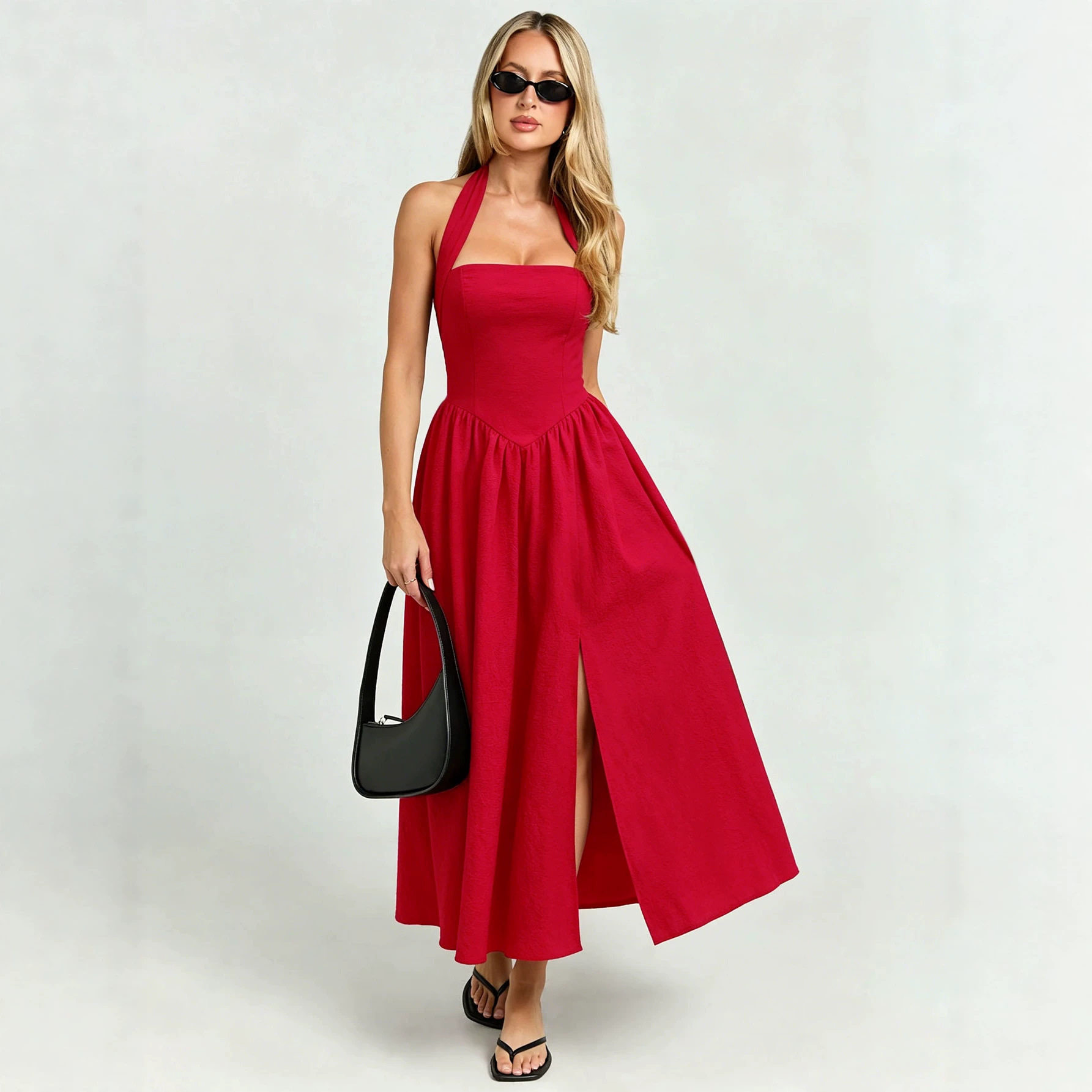 Vintage French Style Halter Neck Tie Dress Backless Waist Cinching Flared Hem High Slit Perfect for Vacations and