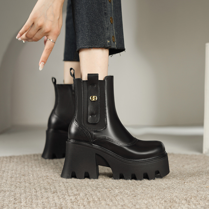 Boot Chelsea nữ gót thô đế dày tăng chiều cao — đen, Màu trắng nhạt