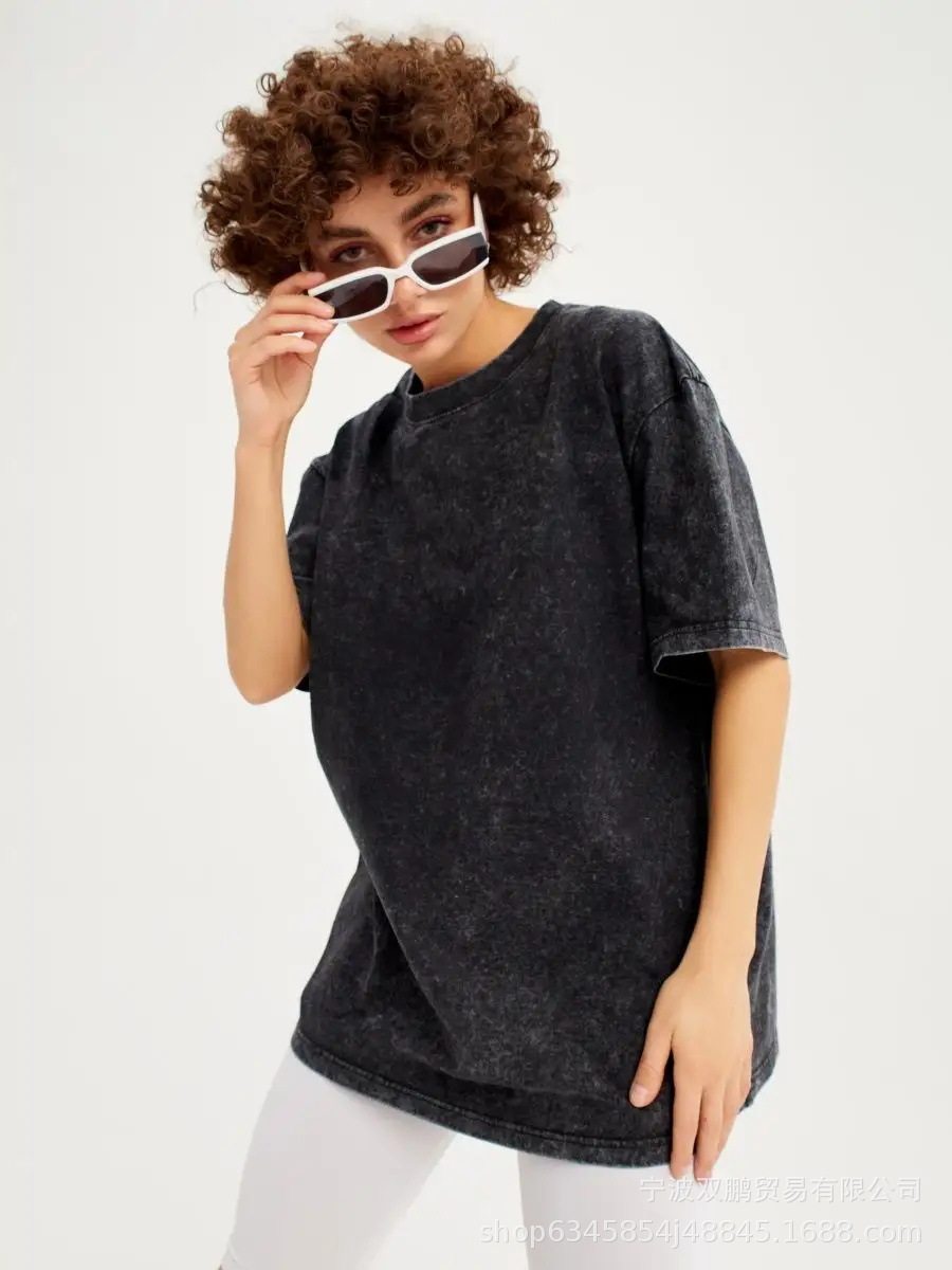 Womens Vintage Wash Dyed T Shirt Solid Color Short Sleeve 100 Cotton Spring Summer Casual Wear Wholesale Available