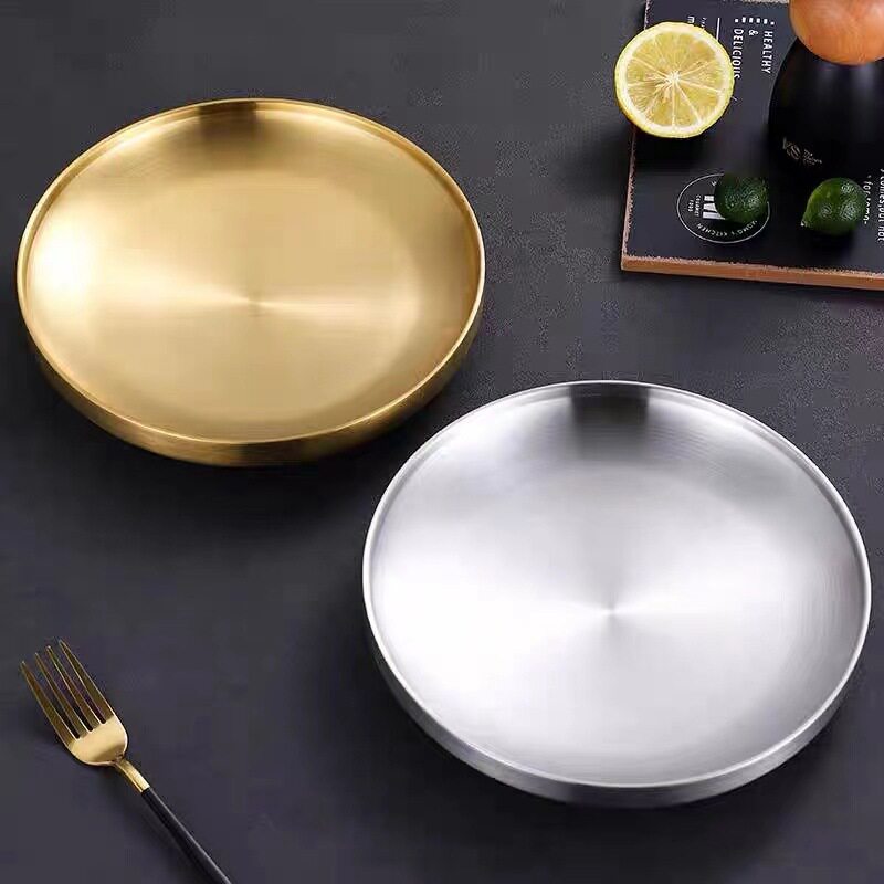 304 Stainless Steel Double Layer Barbecue Plate Korean-style Heat Insulated Western Food Plate Golden Snack Plate Thickened Anti-scalding Disc