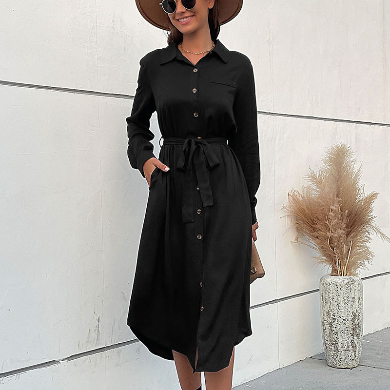 Elegant Black Long Dress Shirt Collar Autumn Winter European and American Style Perfect for Office Wear Wholesale