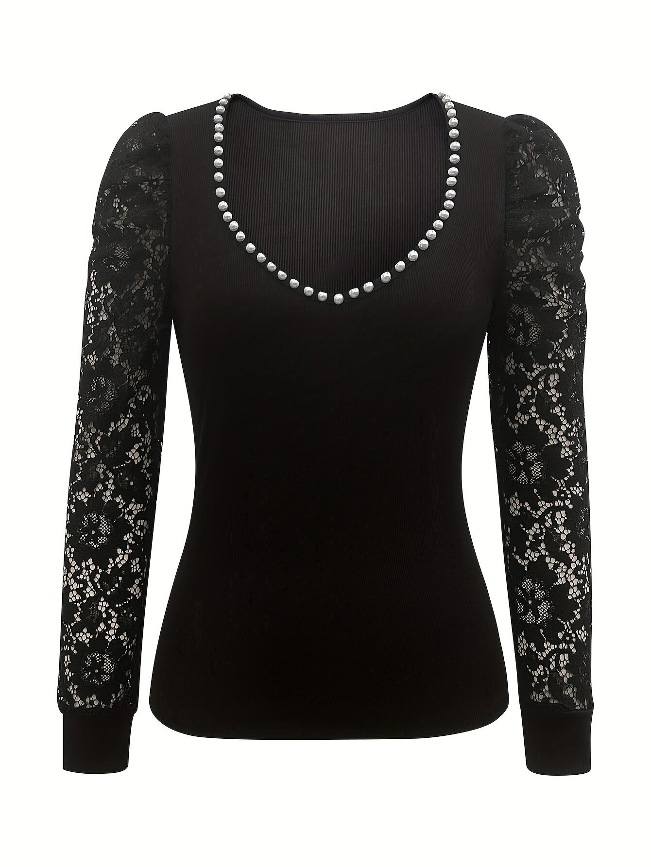Black Beaded Womens T Shirt Slim Fit Lace Panel Long Sleeve Street Style Casual Wear Ready to Ship