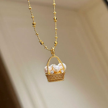 Little Red Book Explosive Magic Chain Pearl Small Flower Basket Necklace 2025 New Fashion Light Luxury Micro-inlaid Flash Diamond Clavicle Chain for Women