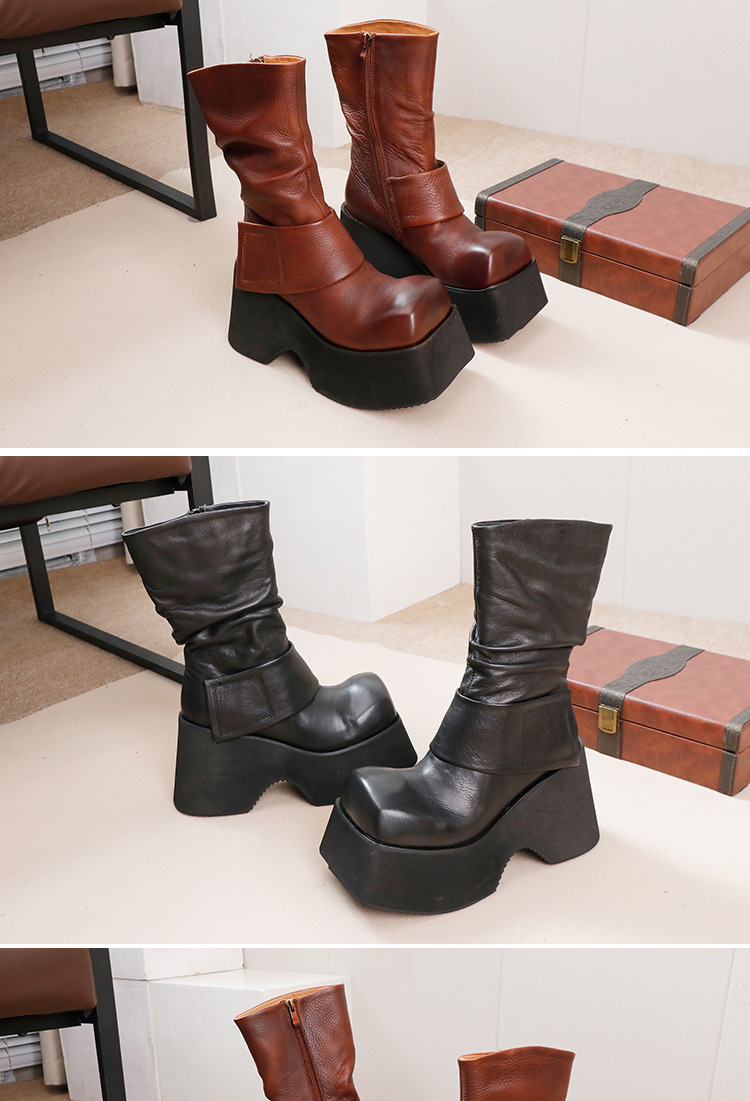 Boot nữ cổ trung da bò thật thủ công gót nêm đế dày mềm nhẹ — màu đen, nâu sẫm