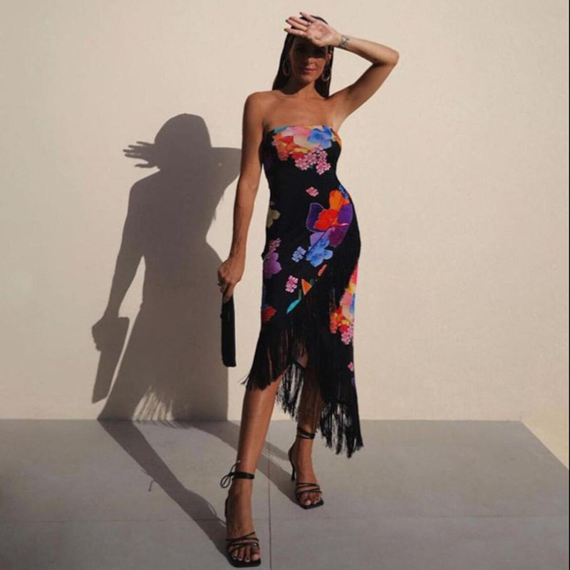 Summer Womens Strapless Dress Floral Print Fringe Hem Mid Length Beach Vacation Style Wholesale Available