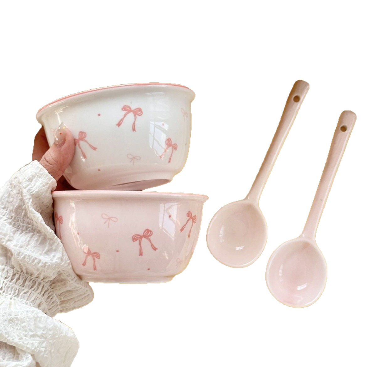 Pink Bow Rice Bowl Girl's Heart Ceramic High Temperature Underglaze Color Household Dessert Bowl Oven-Microwave