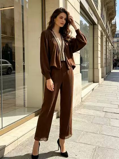 Casual Luxury Set 2026 Summer New Women's Rhinestone V-Neck Lantern Sleeve Cardigan + High-Waisted Wide-Leg Drapey Pants