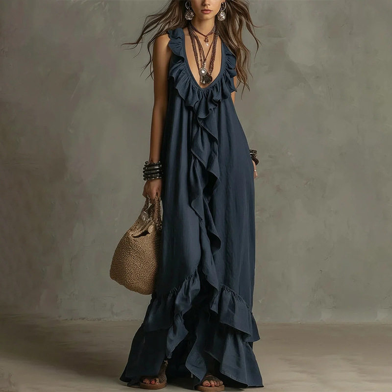Summer A Line Dress Fashionable Elegant Loose Fit Lace Trim Perfect for Casual Outings or Beach Wear Wholesale