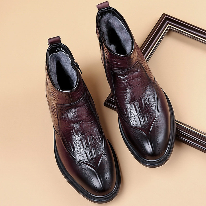Boot Martin Nam Da Bò Lớp Đầu Lót Lông Cừu Cao Cổ Chiều Cao Đế Khoảng 3cm Màu Đen, Đỏ Rượu