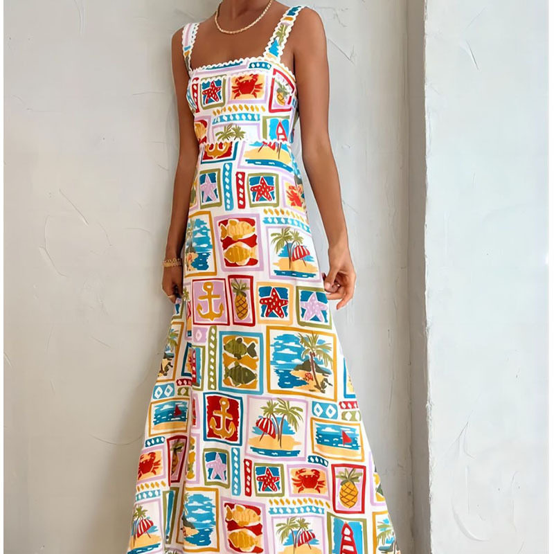 Spring Womens Dress Graffiti Print Strapless Flared Hem Casual Wear for Parties or Outings Wholesale Available