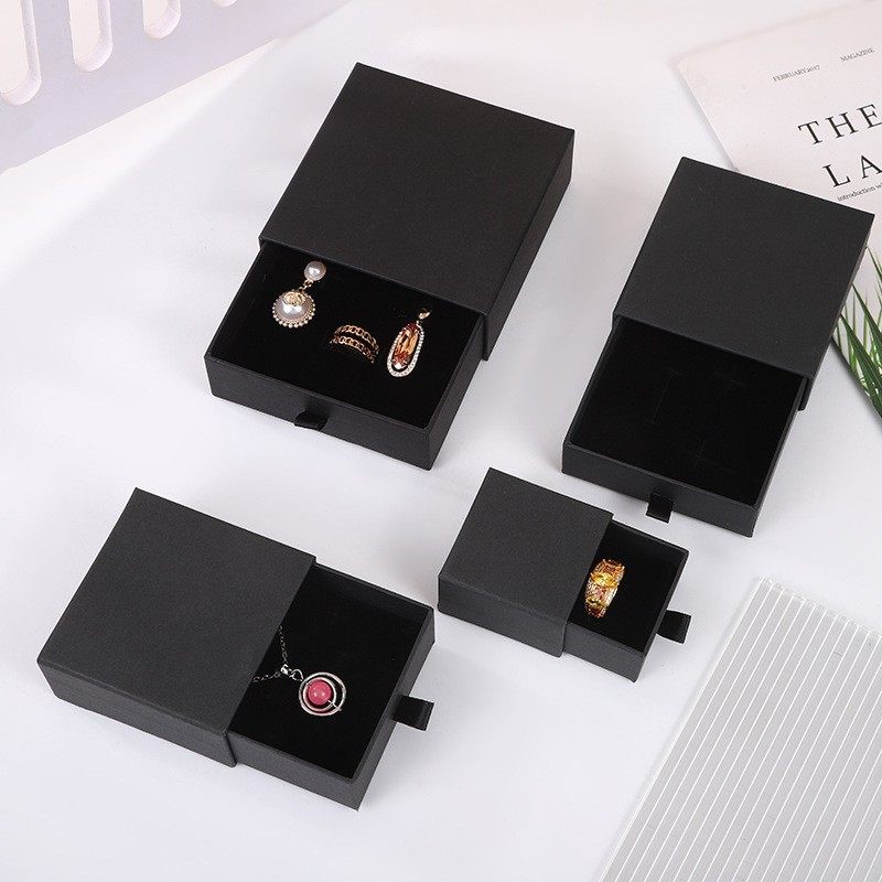 Drawer Jewelry Box Spot Manufacturer Jewelry Packaging Box Black Necklace Ring Pendant Brooch Box Can Be Printed with Logo