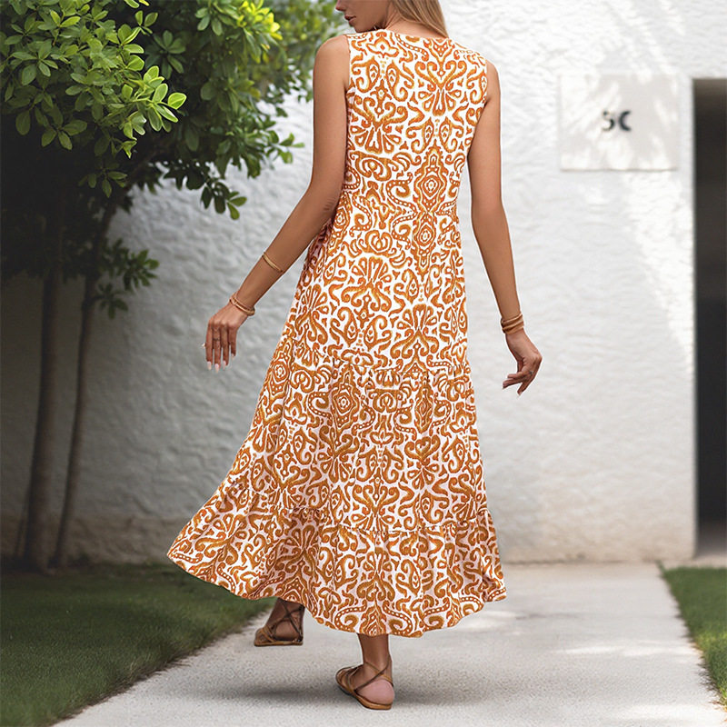 Sleeveless V Neck Abstract Floral Print Dress Summer Style Lightweight Fabric Trendy Design Wholesale Available