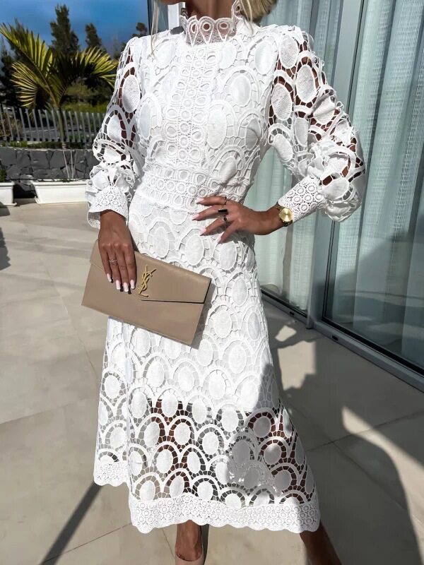 Lace Maxi Dress Sexy Hollow Out Long Sleeve Stand Collar Flared Hem Summer Occasion Wholesale Available