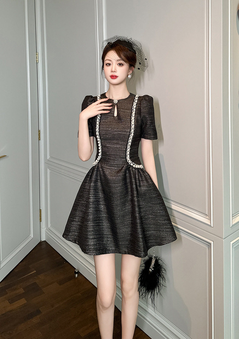 Đầm suông nữ midi cổ tròn tay bồng phong cách Chanel — [Đen], [Champagne] chi tiết 15