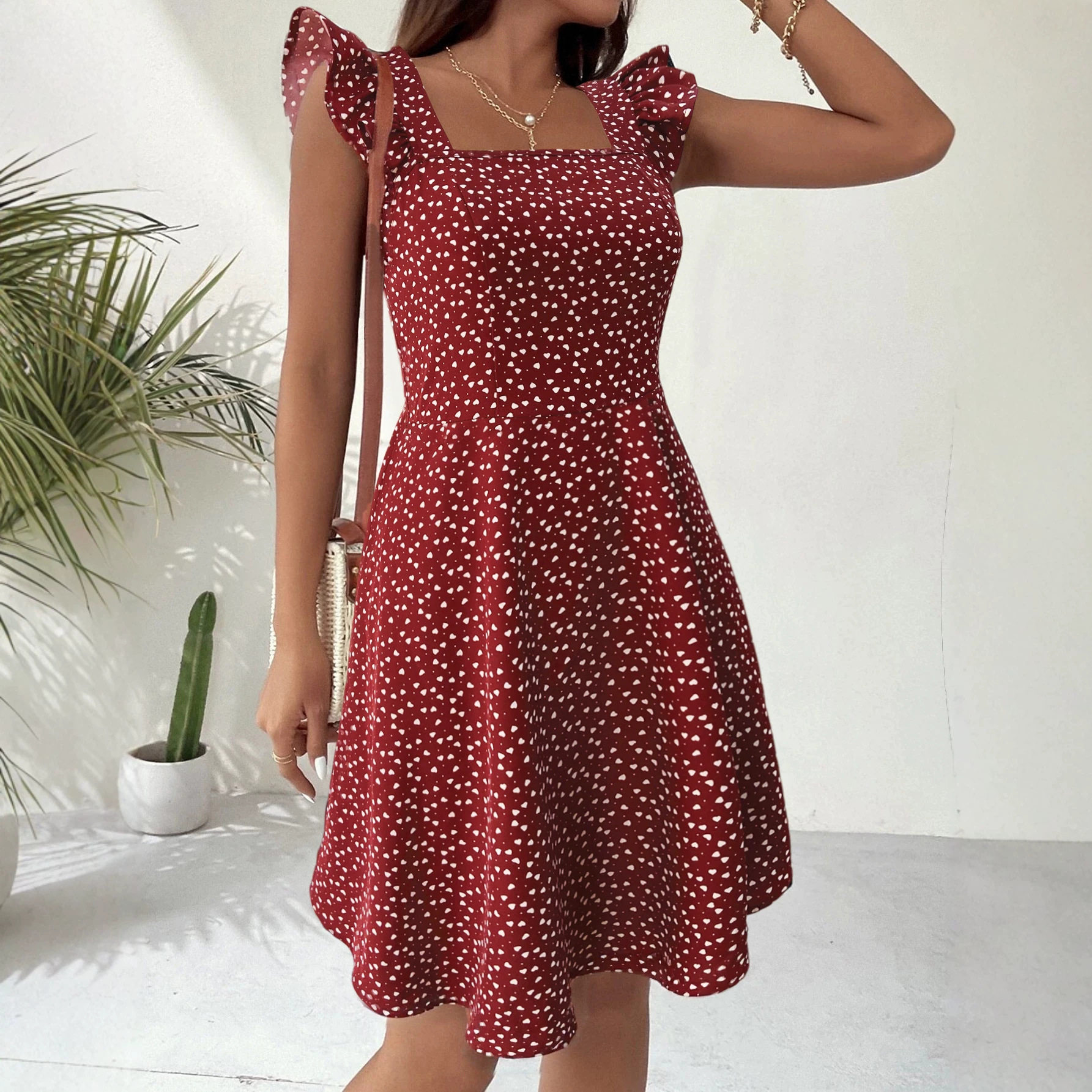 Summer A Line Dress Square Neck Heart Print Short Sleeve High Waist Slim Fit Perfect for Petite Figures