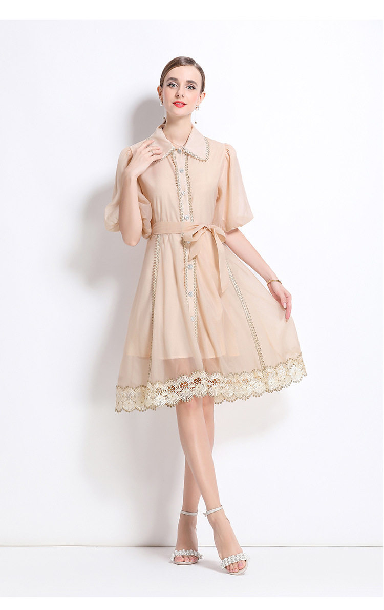 Vintage Inspired Womens Summer Dress Intricate Lace Paneling Waist Tie Lantern Sleeves Sheer Fabric Perfect for