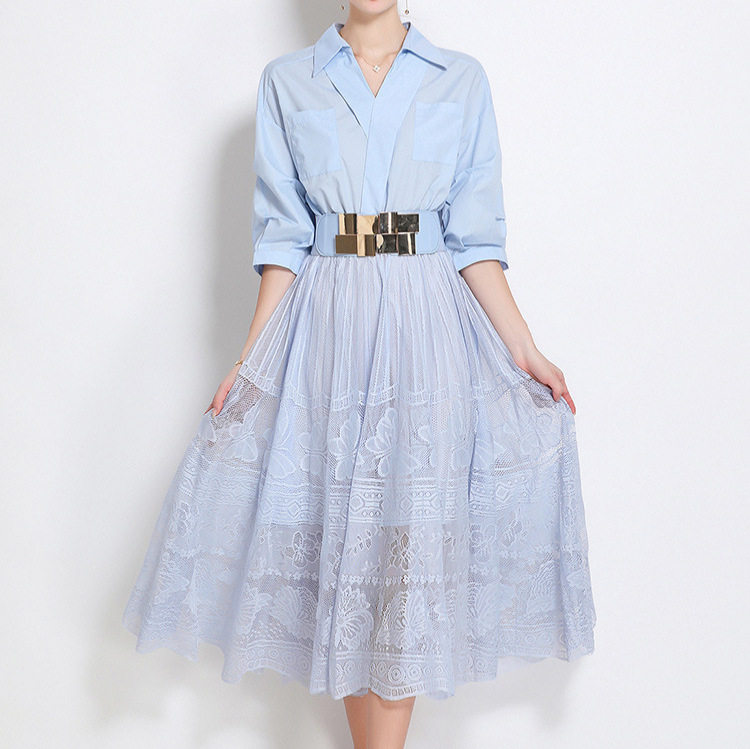 Elegant V Neck Lace Trimmed A Line Dress for Women Three Quarter Sleeves Princess Style Perfect for Formal Occasions