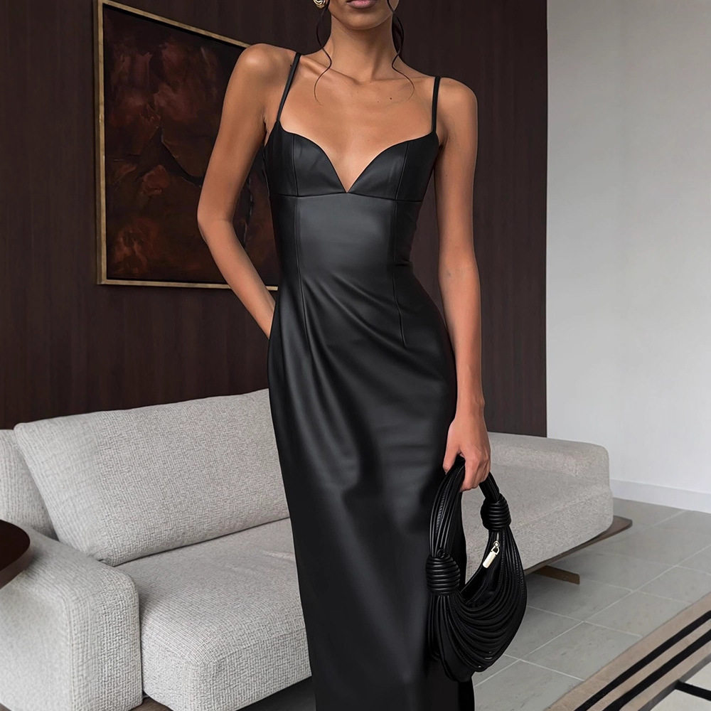 Chic Strapless A Line Dress Elegant Split Hem Thin Straps Solid Color PU Leather Perfect for Parties and Events