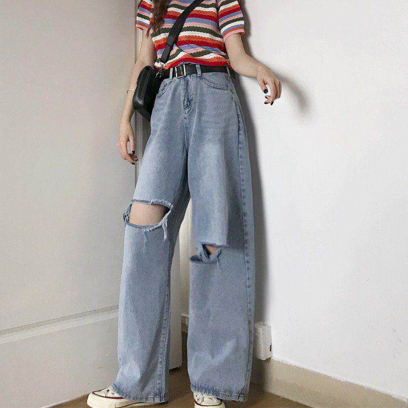 Knee Ripped Wide Leg Jeans for Women Loose Fit High Waist Casual Style Spring Summer Fashion Wholesale Available