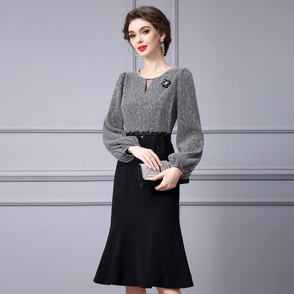 Đầm Dạ Hội Nữ dáng chữ A, Eo Cao, Tay Dài, Lấp Lánh Màu Đen, Xám