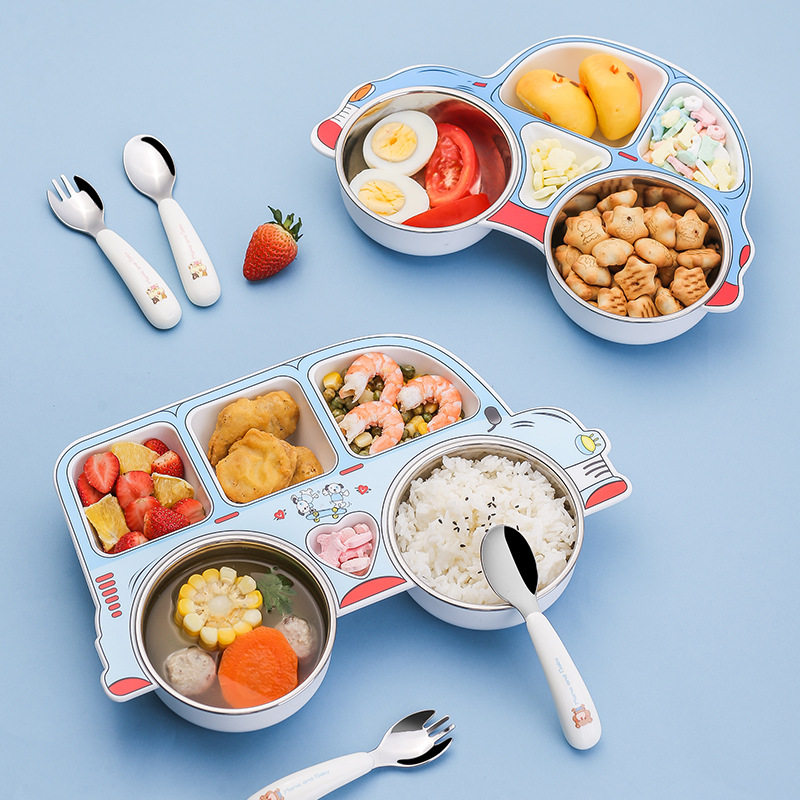 304 Stainless Steel Children's Car Dinner Plate Removable and Washable Baby Food Bowl Creative Cartoon Split Plastic Plate Set