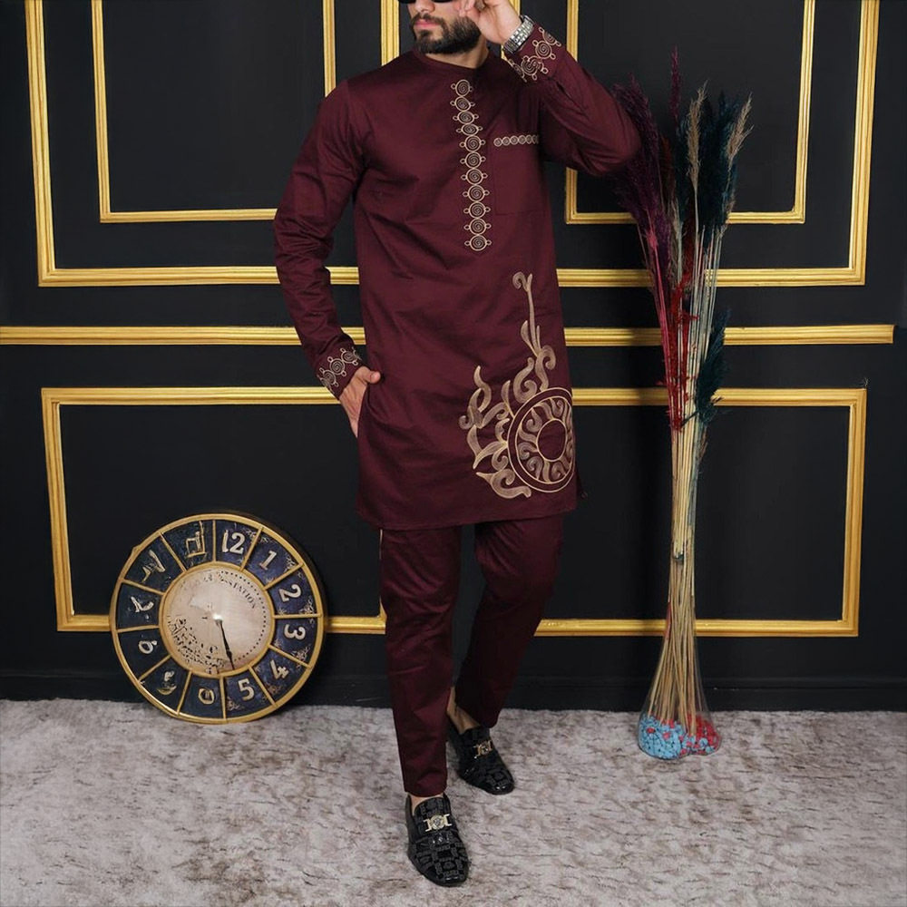 传统外贸非洲风格男士结婚新西装2件套圆领长袖上衣加裤子外贸