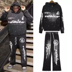 Hellstar European and American High Street Fashion Retro Washed Distressed Mud Print Sweatpants Hoodie Sweatshirt Couple Set