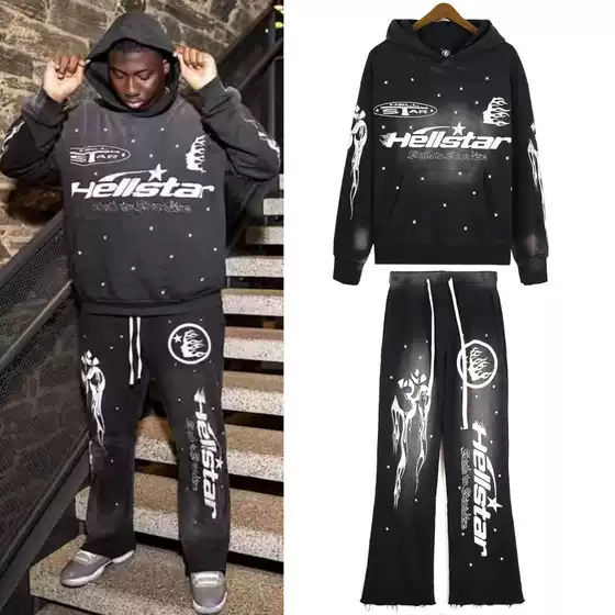 Hellstar European and American High Street Fashion Retro Washed Distressed Mud Print Sweatpants Hoodie Sweatshirt Couple Set