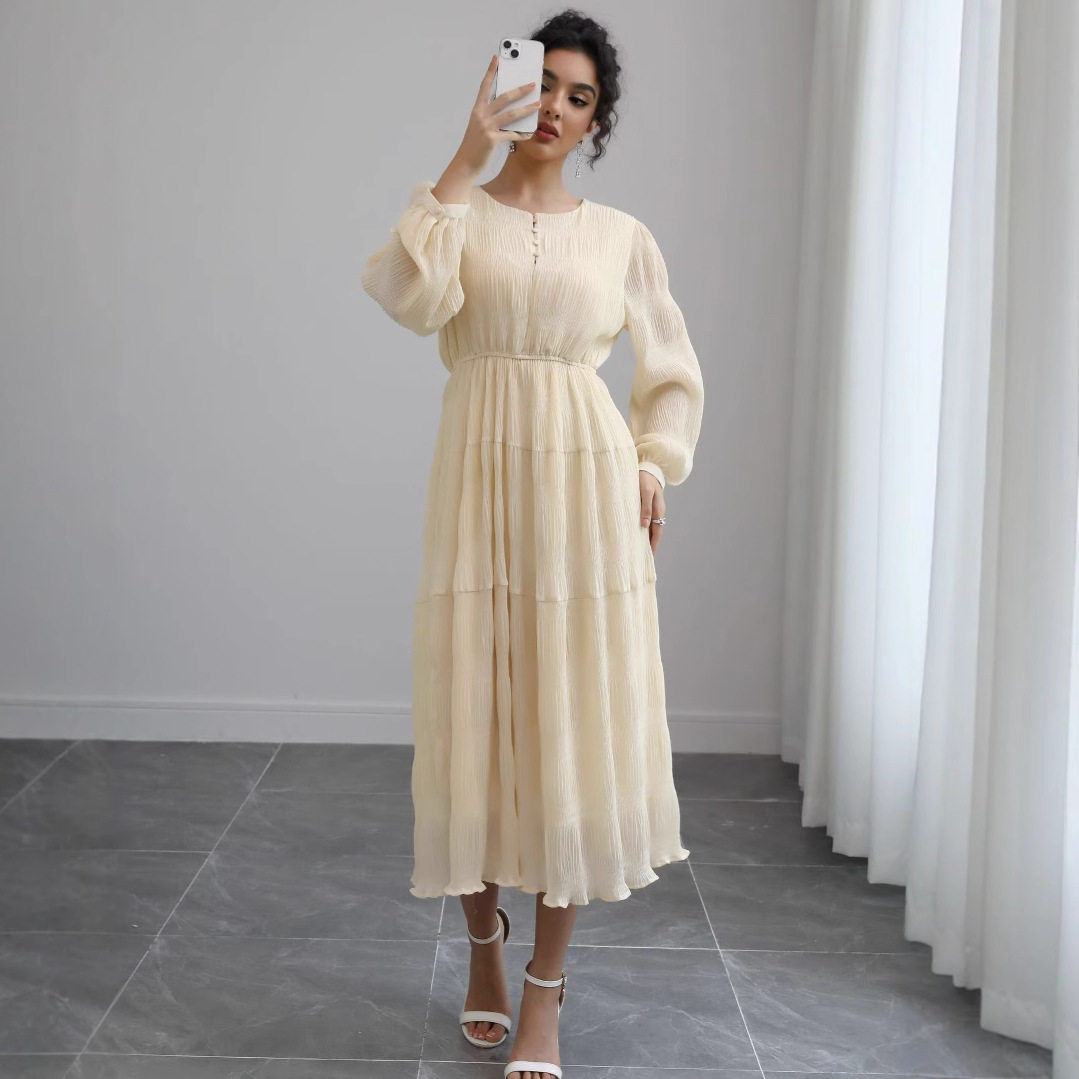 French Puff Sleeve Long Sleeve Dress Elegant Style Soft Fabric Autumn Colors Perfect for Tea Parties or Casual