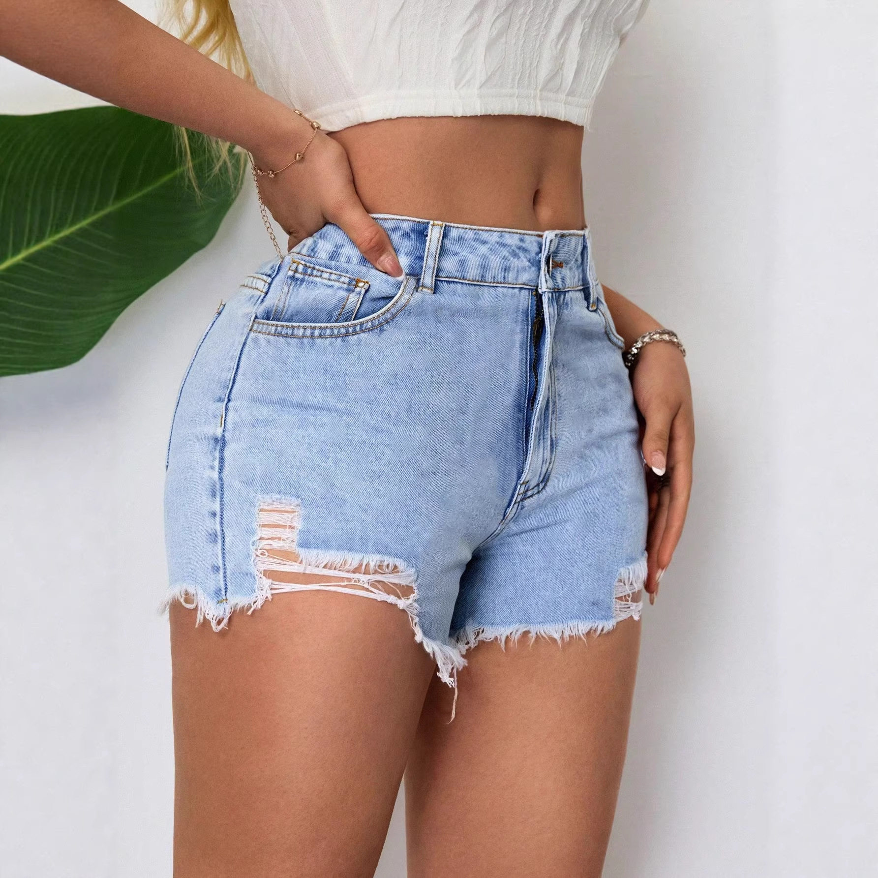 Womens Distressed Denim Shorts Elegant Fashionable Versatile Summer Casual Wear Wholesale Available