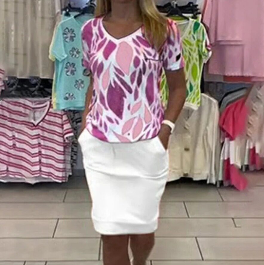 Womens Two Piece Set Printed Short Sleeve Top Round Neck Pocket Design Stylish Mini Skirt Autumn Fashion