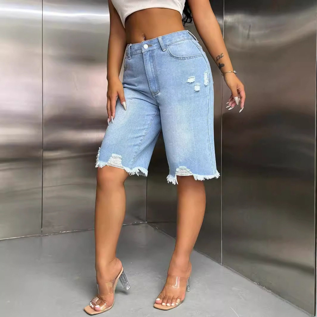 Fashionable Womens Distressed Wide Leg Straight Leg Denim Pants Frayed Hem Casual Style Wholesale Available
