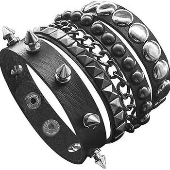 Cross-border hot sale European and American fashion multi-layer leather wide bracelet personality domineering rivet punk hip-hop bracelet bracelet jewelry