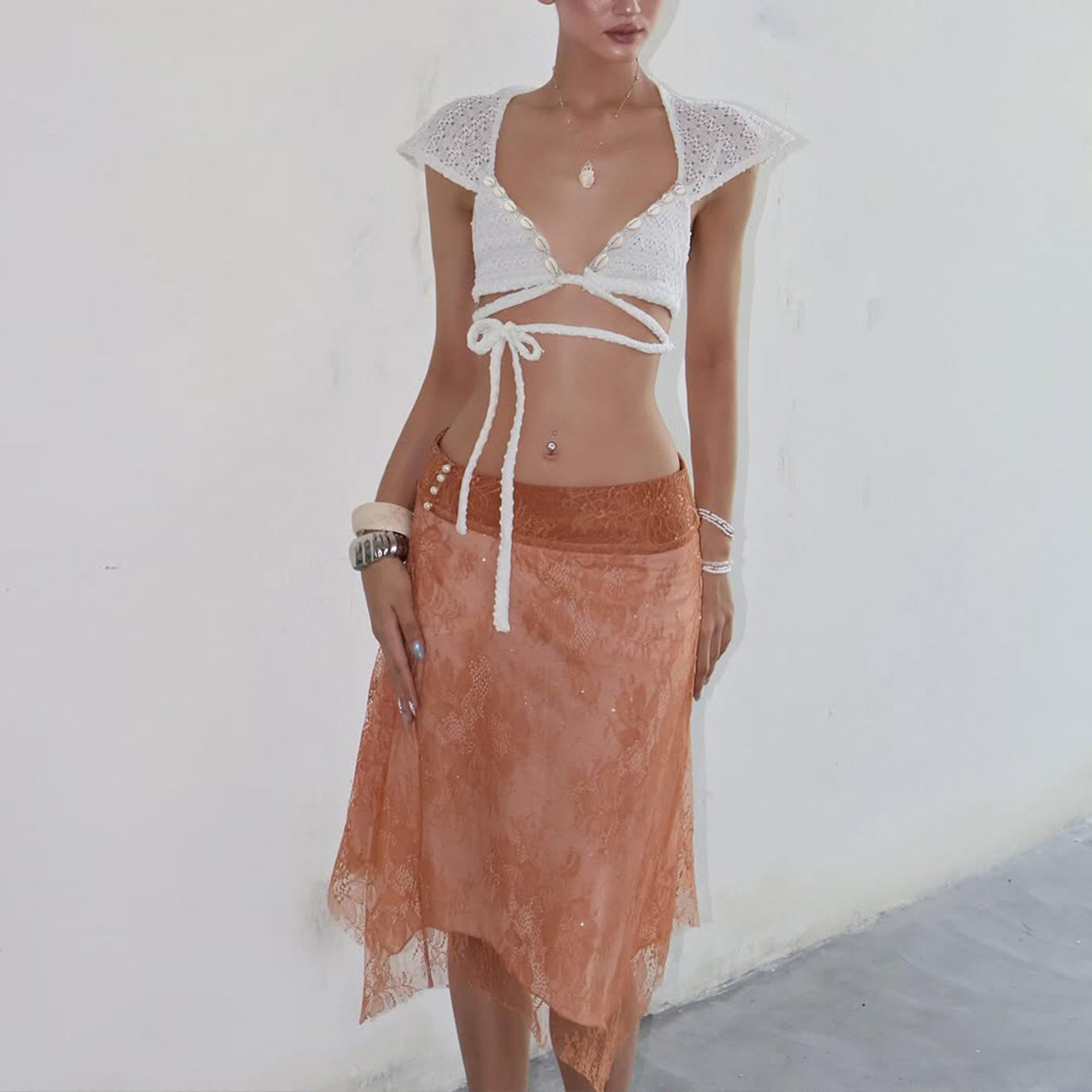 Spring Womens Sexy Hollow Out Crop Top Short Flutter Sleeves Tie Design Trendy Style Perfect for Casual Outings