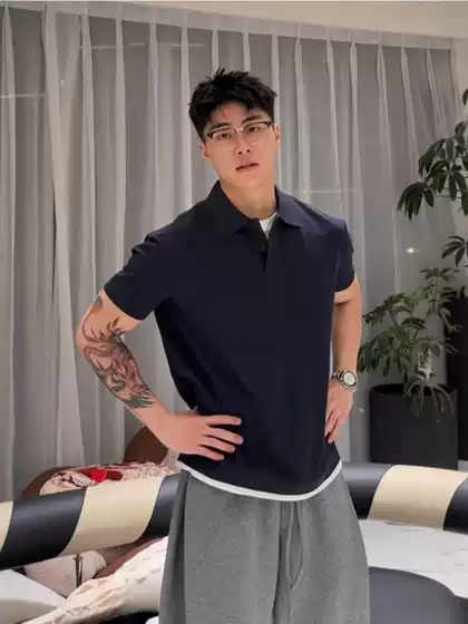 Navy Blue Fake Two-Piece 50% Cotton Polo Shirt Short-Sleeved Men's Summer Collared T-Shirt for Plus-Size Men with a High-End Feel