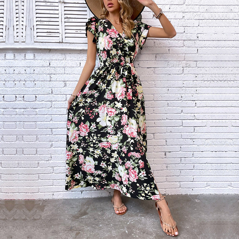 Summer Floral Maxi Dress Mid Length Split Design Lightweight Fabric Beach Vacation Wear Wholesale Available