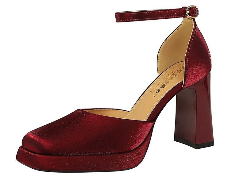 Sandal cao gót nữ quai ngang mũi vuông đế xuồng mặt satin — Màu đen, Màu đỏ rượu, Màu sâm panh, Màu trắng