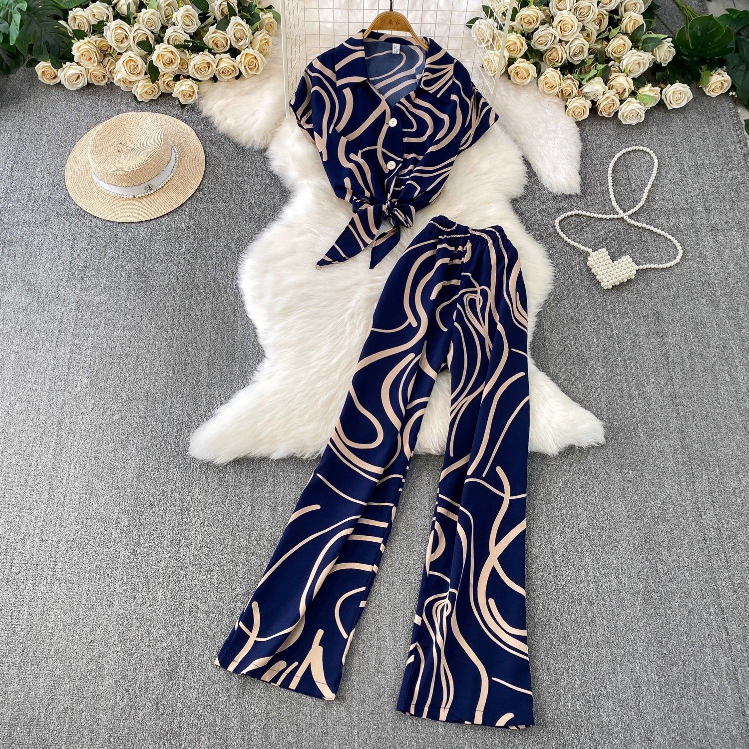 Hong Kong Style Ins Tie Waist Single-Breasted Lapel Short Light Mature Style Striped Shirt Casual Wide-Leg Pants Two-Piece Set