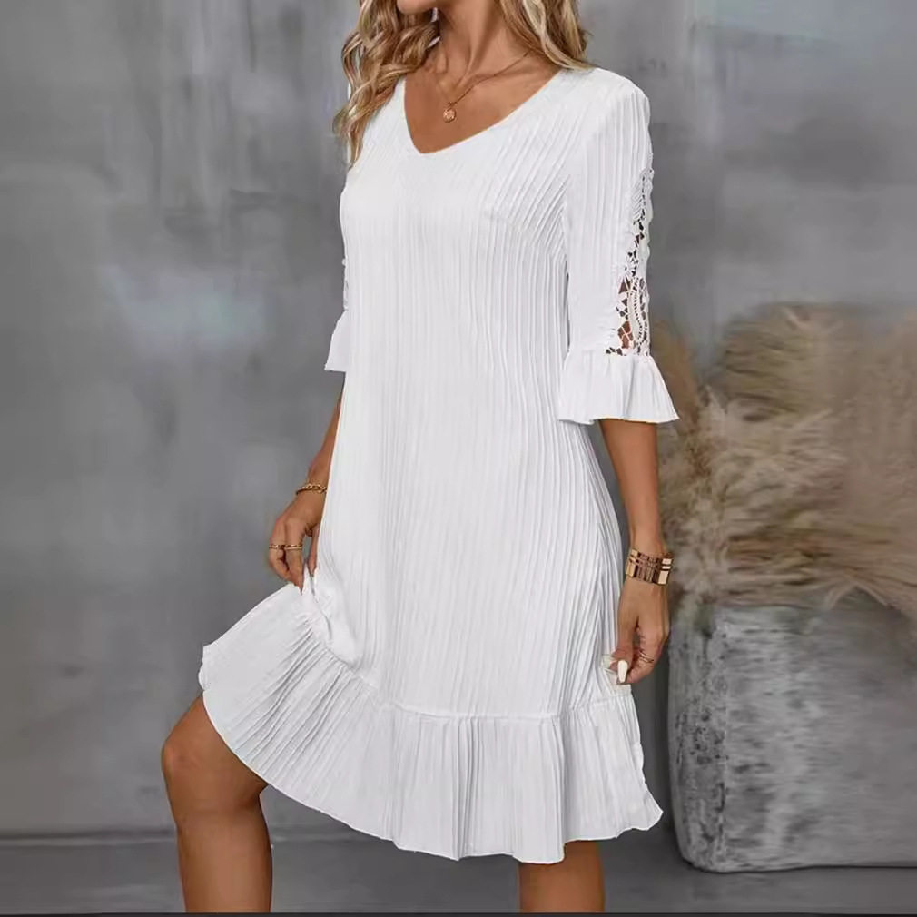 Summer V Neck Lace Midi Dress Solid Color Bell Sleeves Elegant Design Perfect for Casual or Formal Occasions