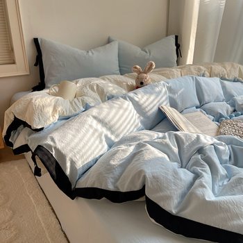 Super Soft Class a Maternal and Infant Grade Washed Cotton Pure Color Four-Piece Ins Cream Style Strap Dormitory Quilt Cover Bed Bed Sheets Set