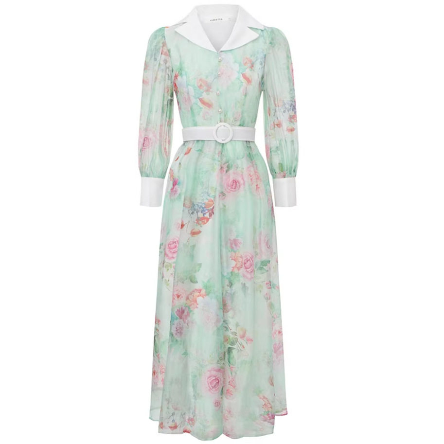 French Romantic Rose Print Lantern Sleeve Dress Elegant Waist Tie Design Flared Hem Perfect for Spring and Autumn