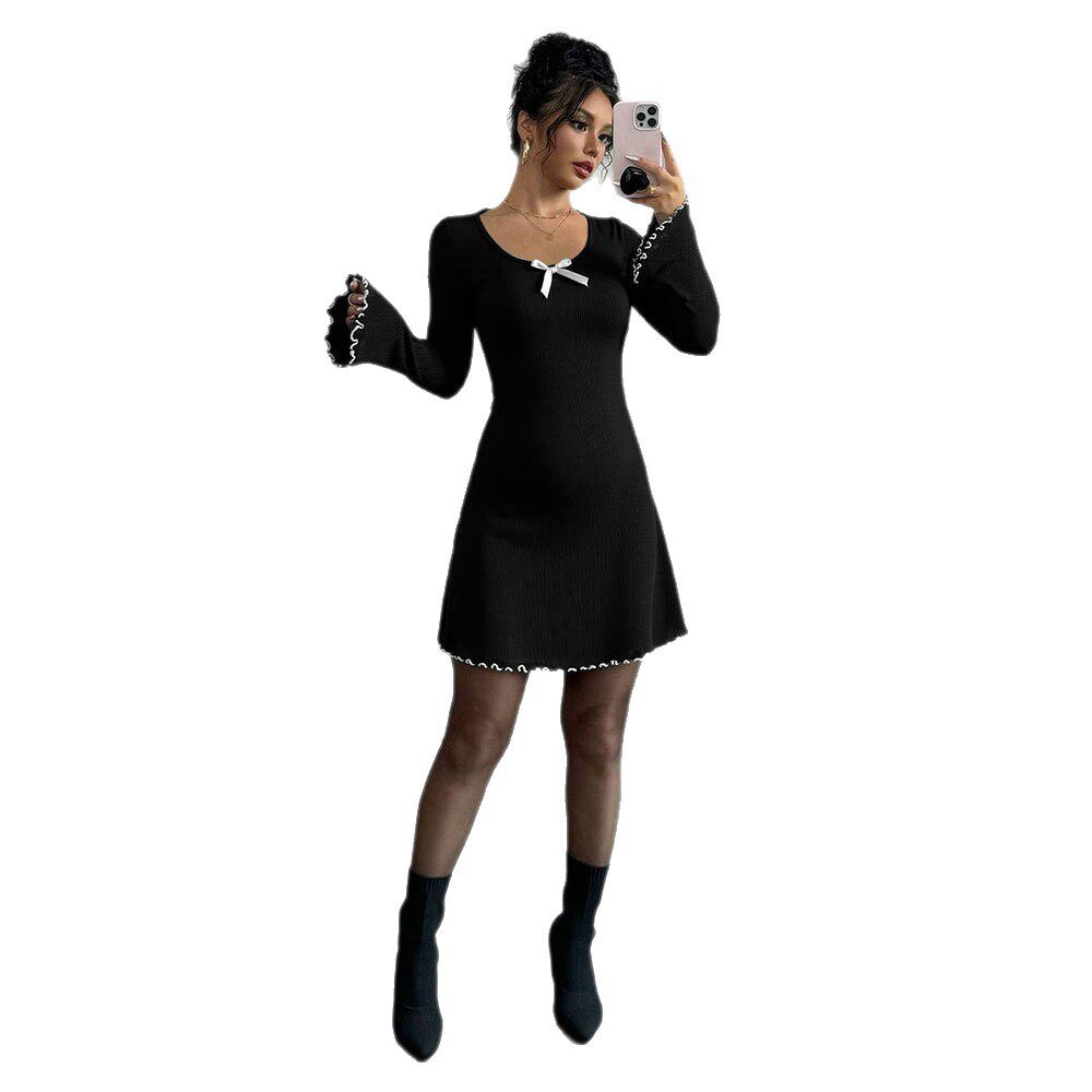Elegant Black and White Color Block Knit Dress Flared Sleeves Slim Fit A Line Silhouette Perfect for Formal Occasions